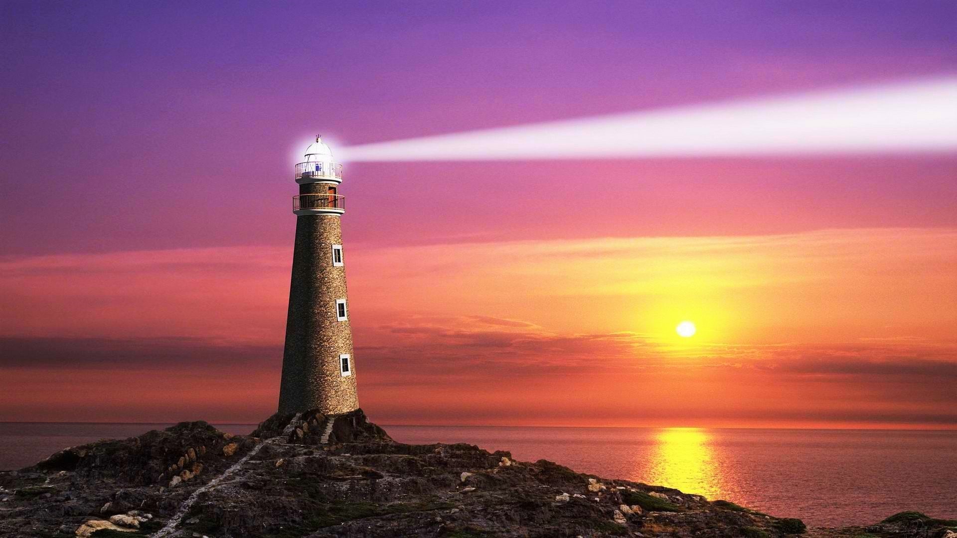 Surreal Sunrise Near Ocean Lighthouse Wallpapers