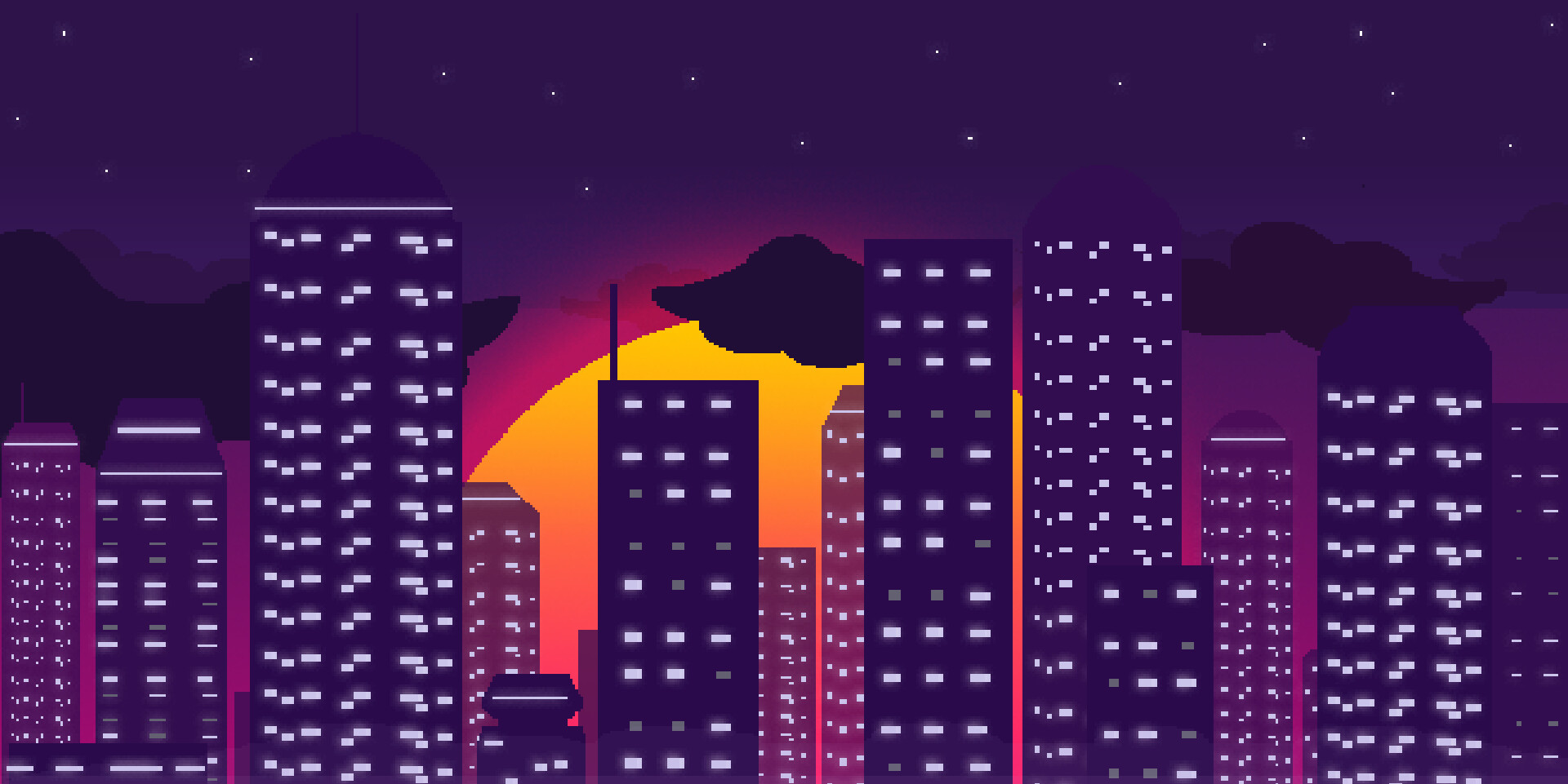 Synthwave 8-Bit Pixel Cityscape Wallpapers