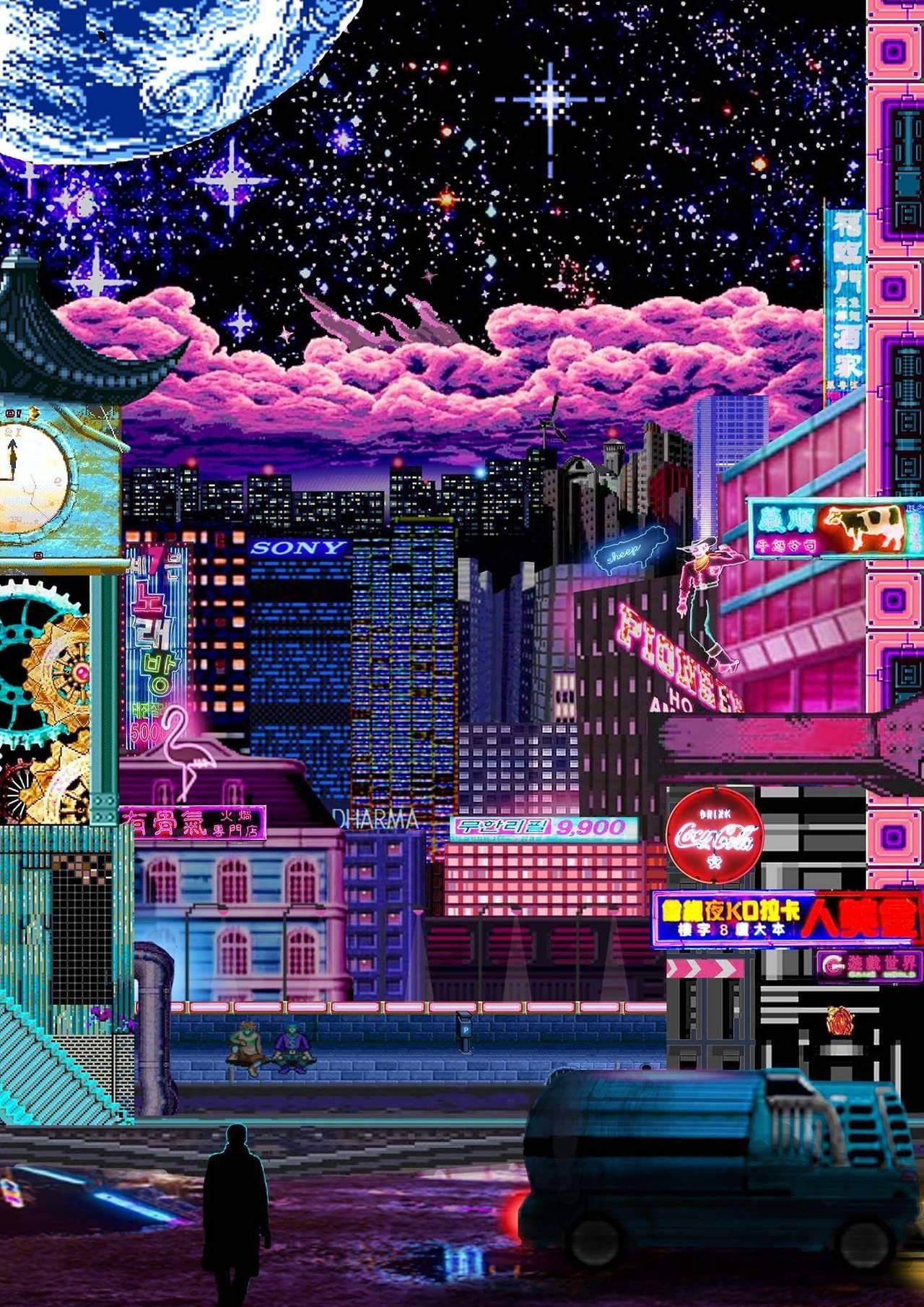 Synthwave 8-Bit Pixel Cityscape Wallpapers