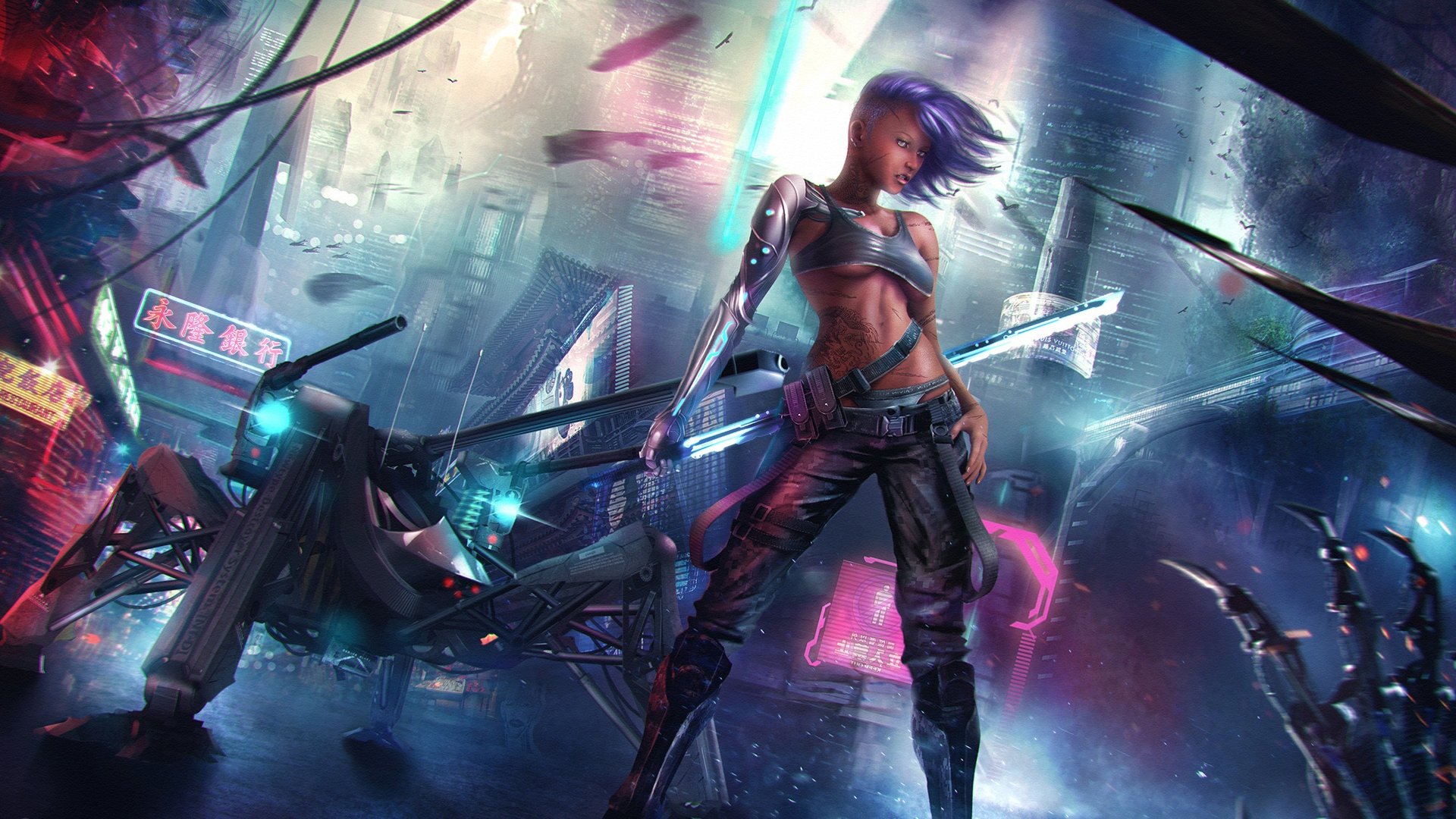 Warrior Girl In Cyberpunk City Wallpapers