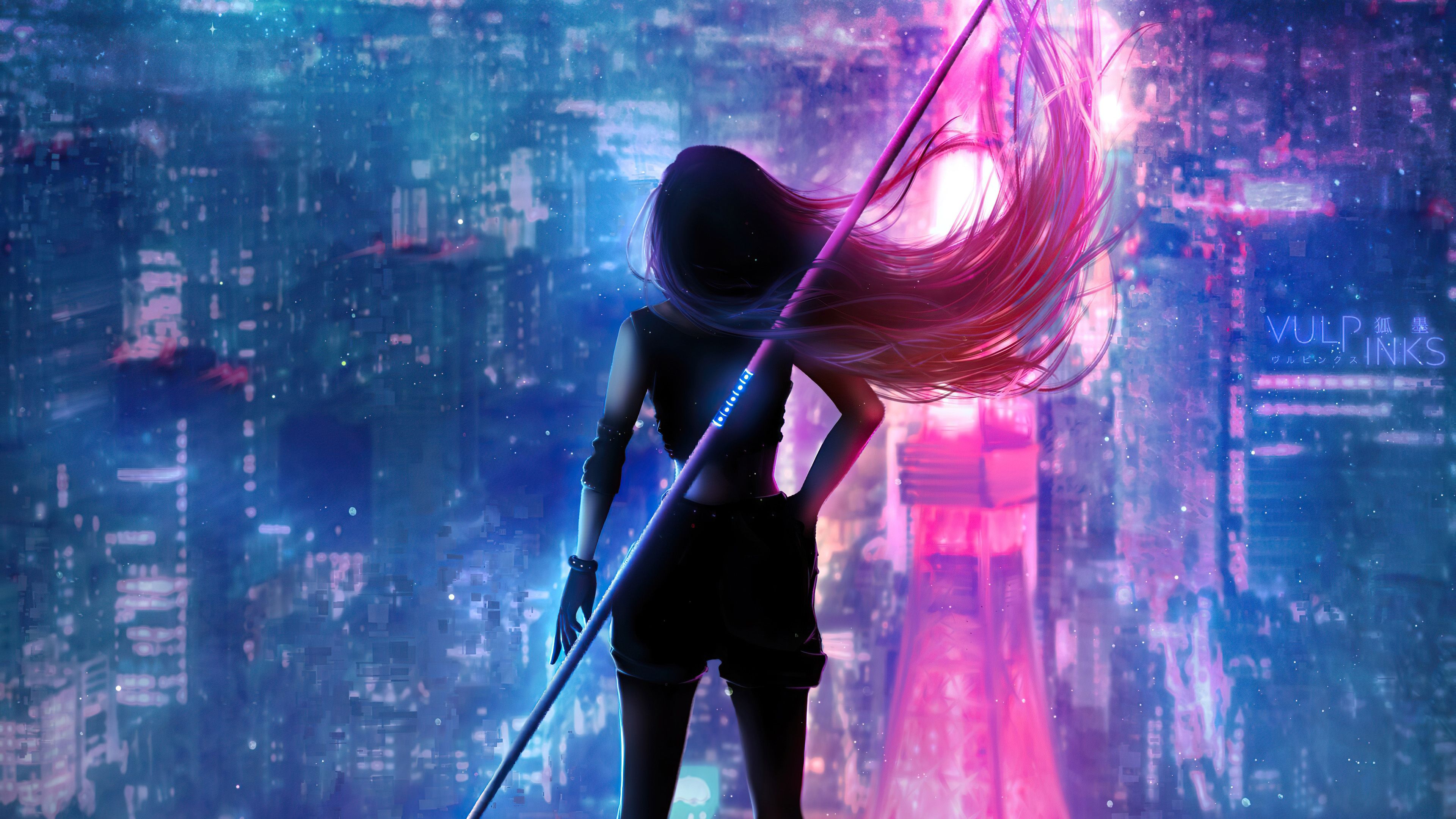 Warrior Girl In Cyberpunk City Wallpapers