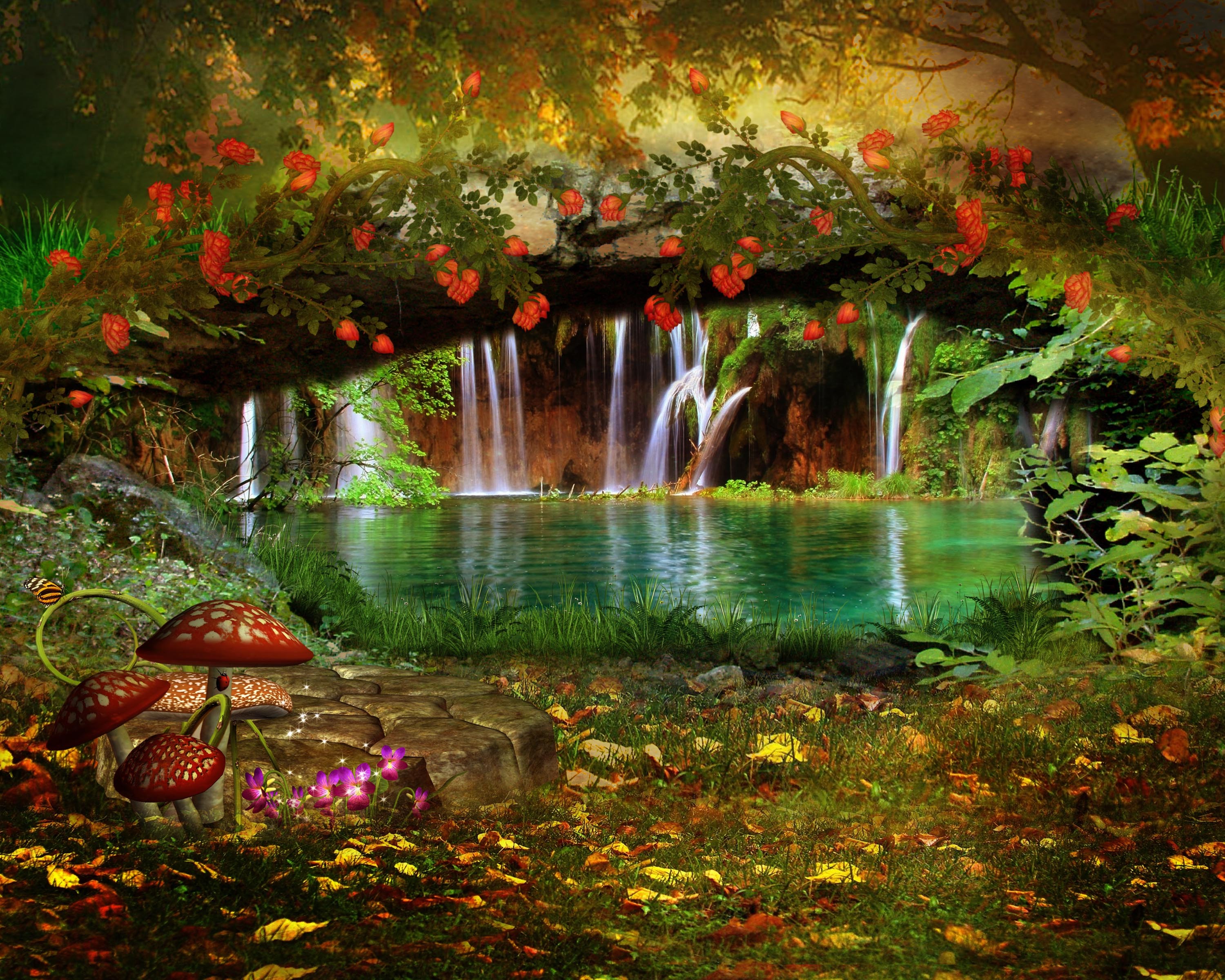 Waterfall And Flowers Wallpapers