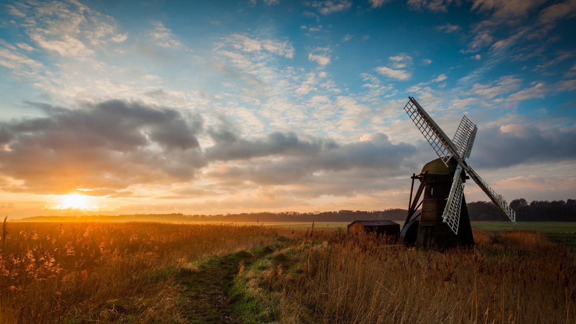 Windmill On Wheat Field At Sunset Wallpapers