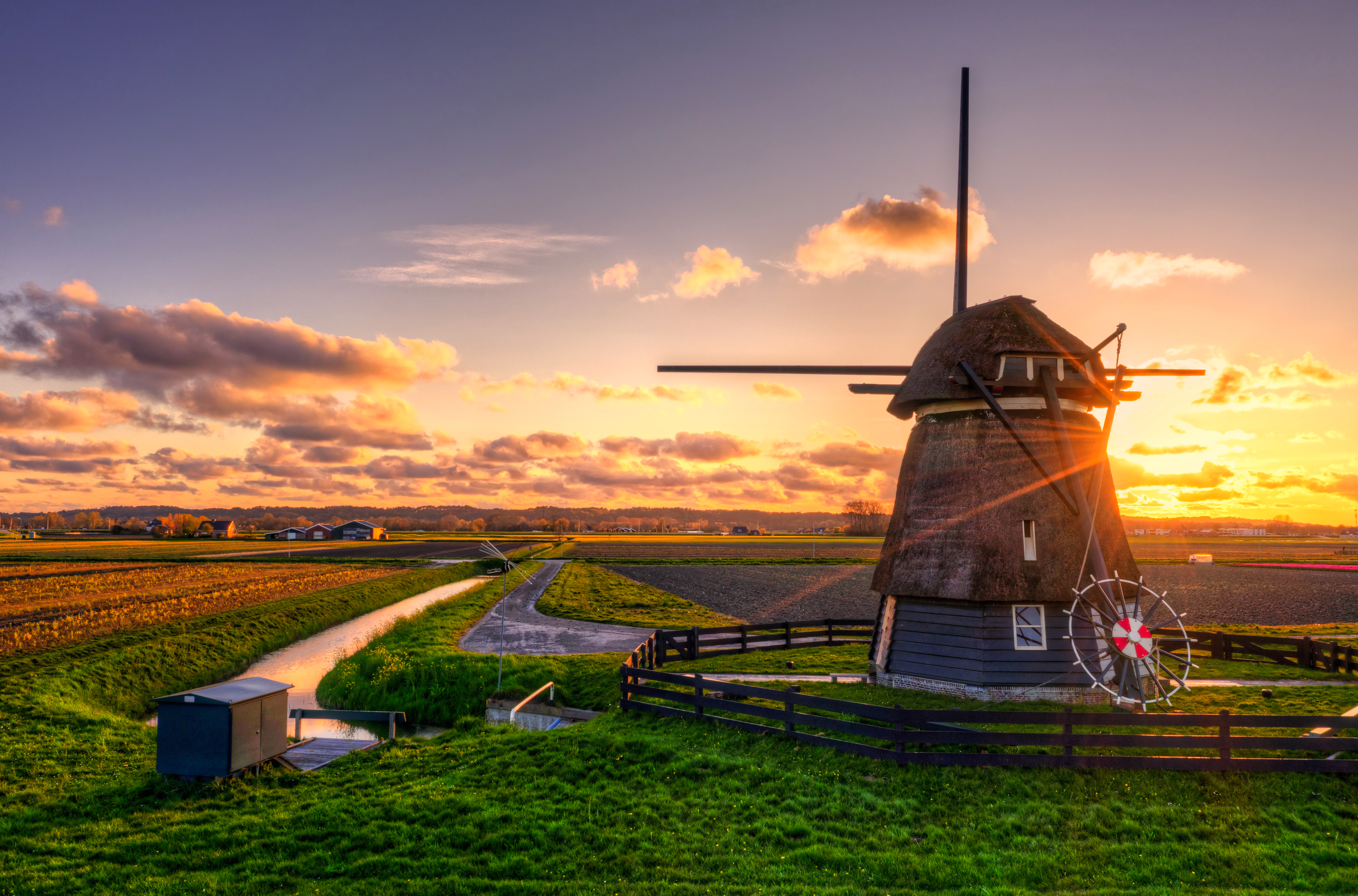 Windmill On Wheat Field At Sunset Wallpapers