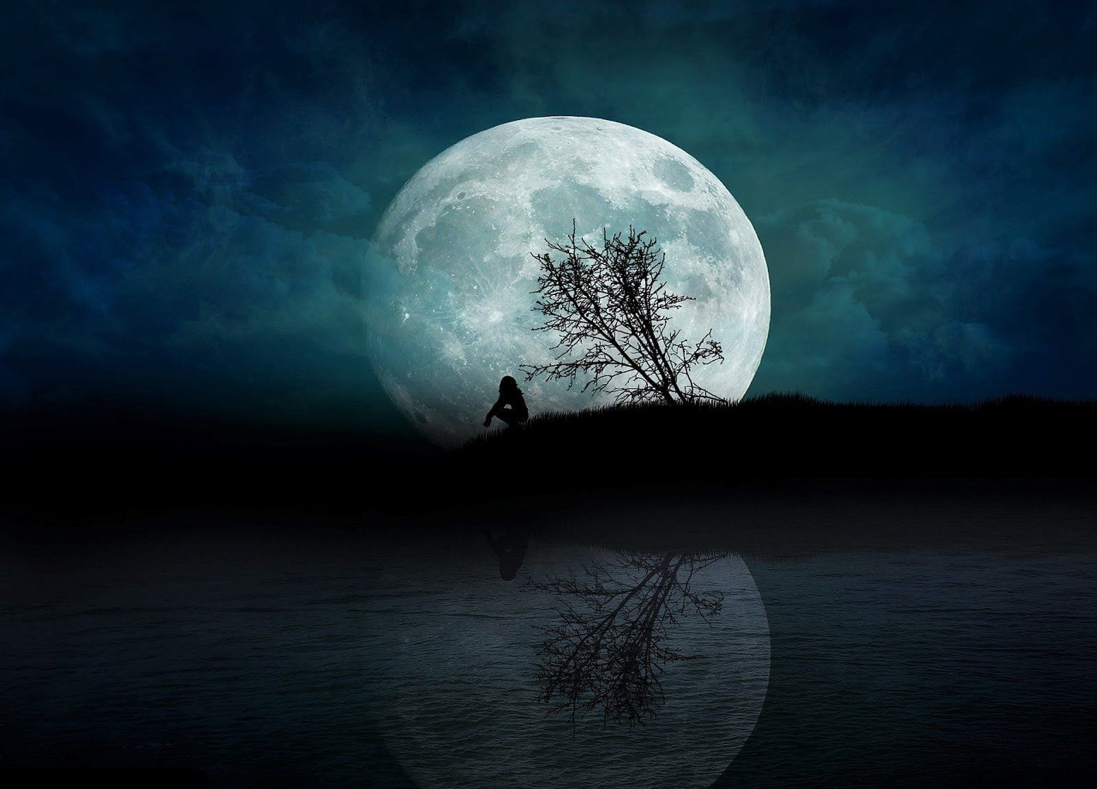 Woman With Sakura Full Moon
 Wallpapers