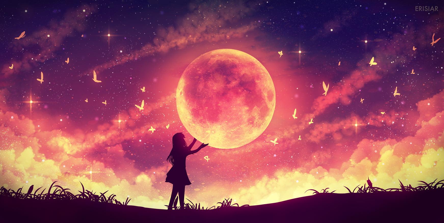 Woman With Sakura Full Moon
 Wallpapers