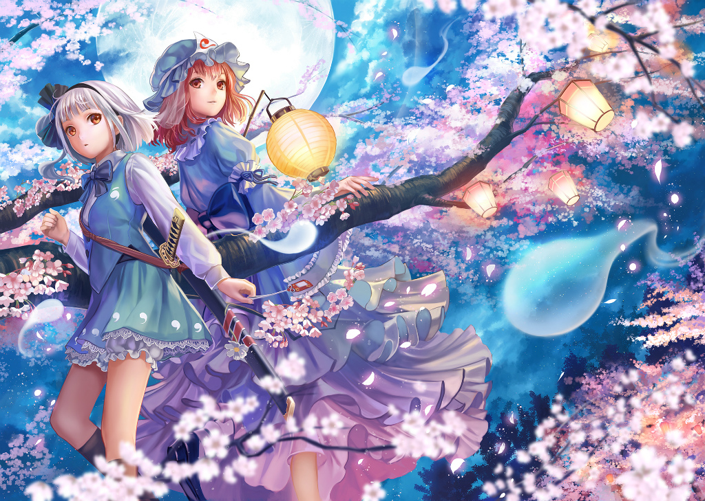 Woman With Sakura Full Moon
 Wallpapers