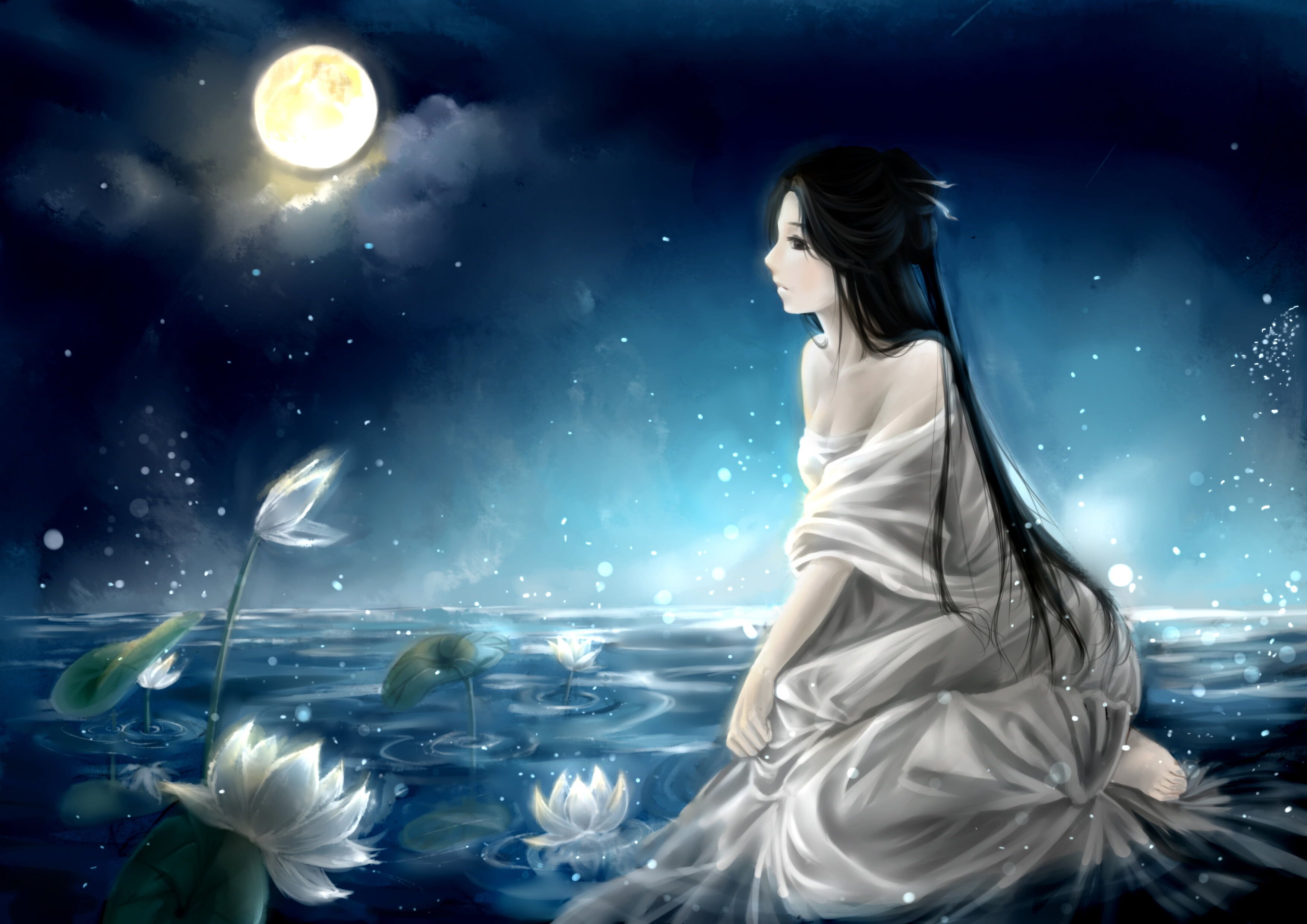 Woman With Sakura Full Moon
 Wallpapers