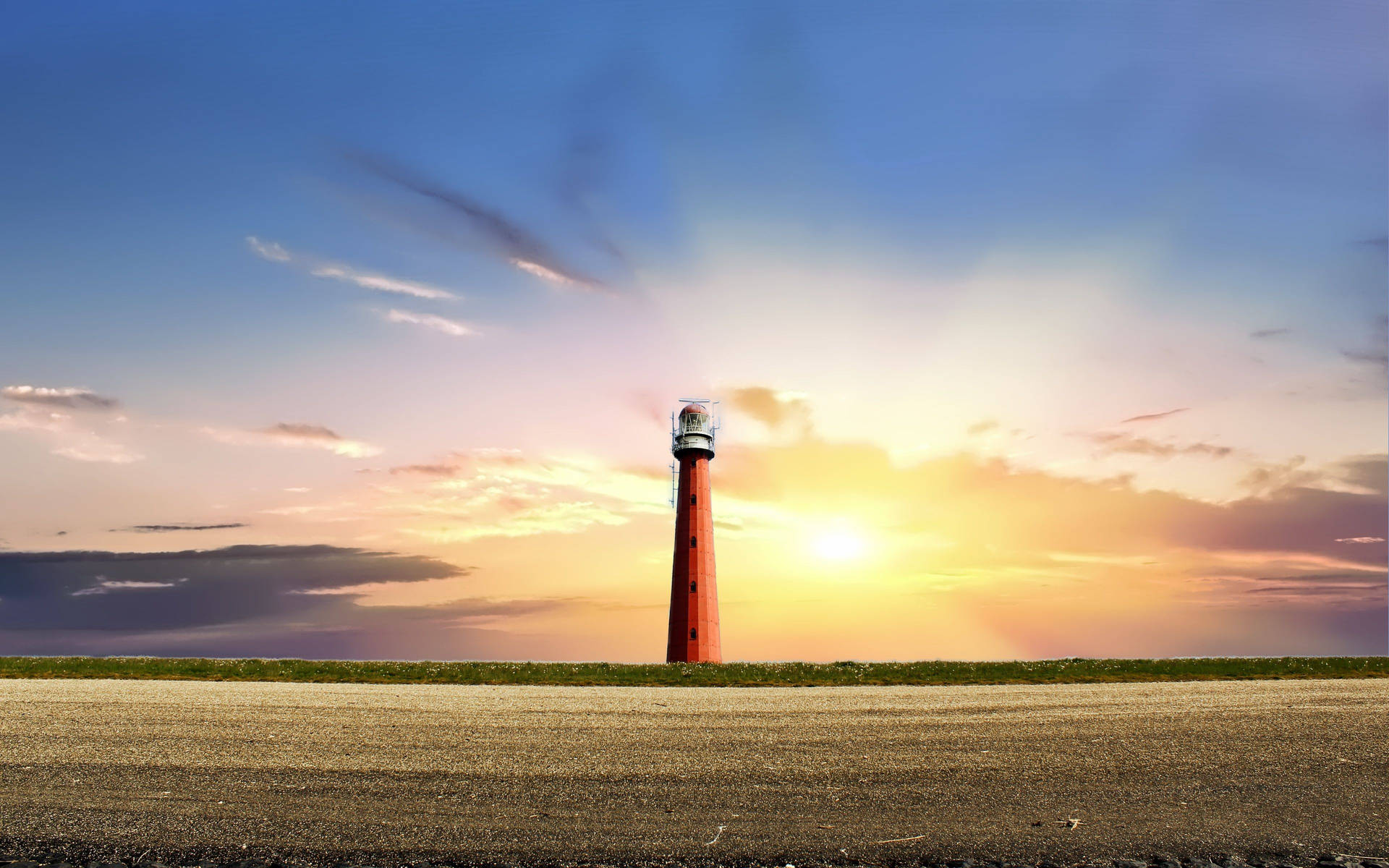 Yellow Sunset Near Lighthouse Wallpapers