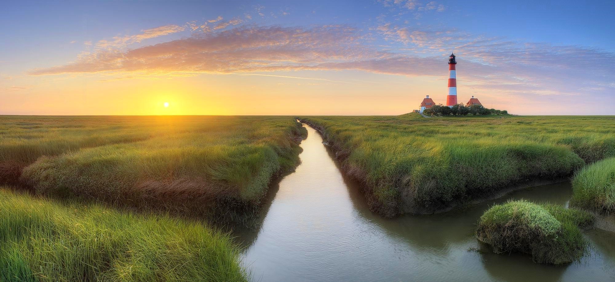 Yellow Sunset Near Lighthouse Wallpapers