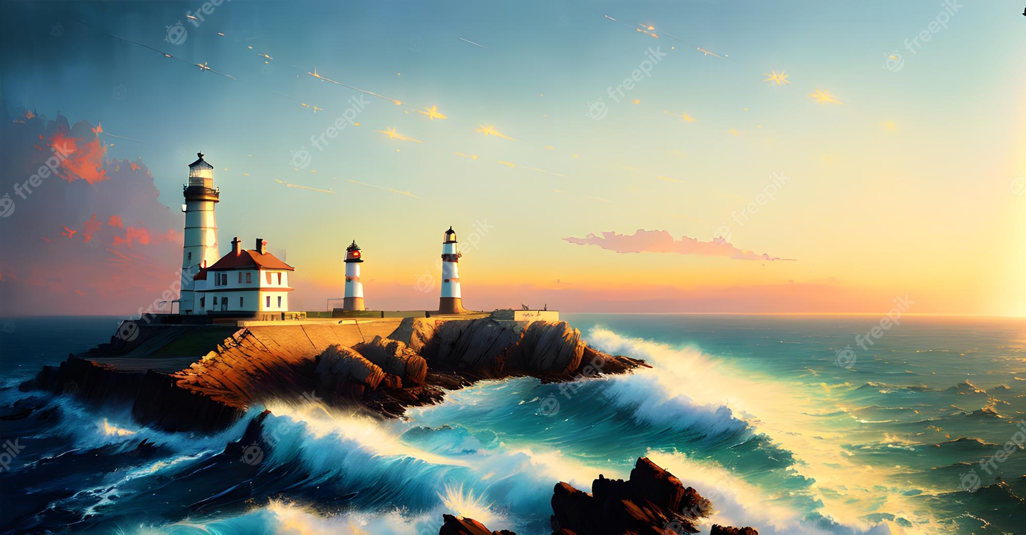 Yellow Sunset Near Lighthouse Wallpapers