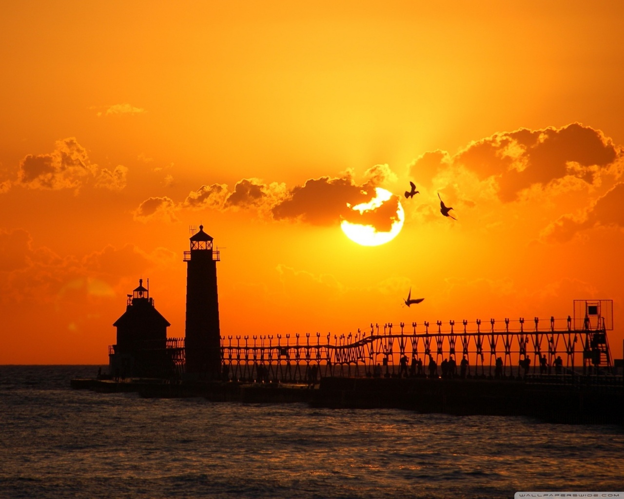 Yellow Sunset Near Lighthouse Wallpapers