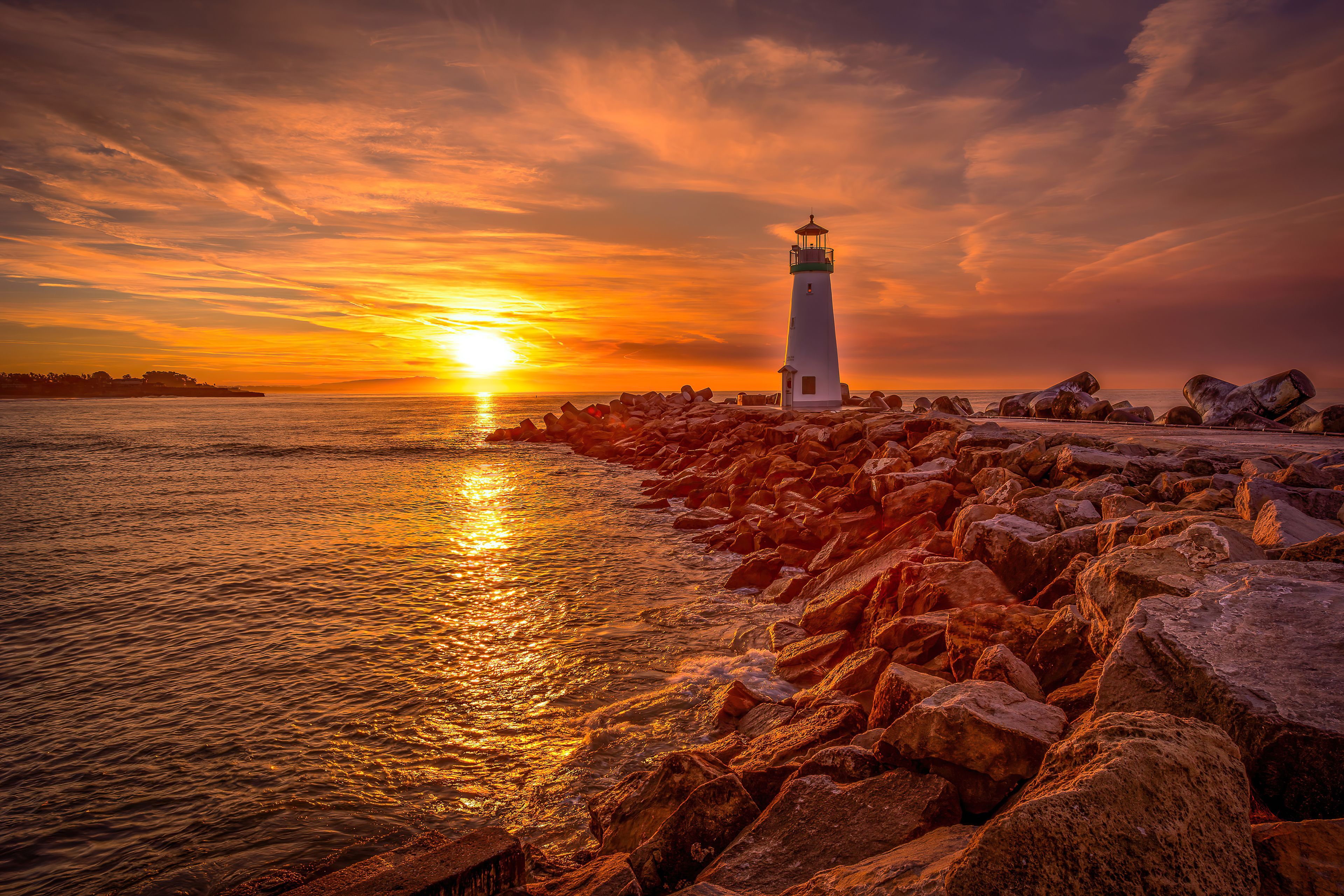 Yellow Sunset Near Lighthouse Wallpapers