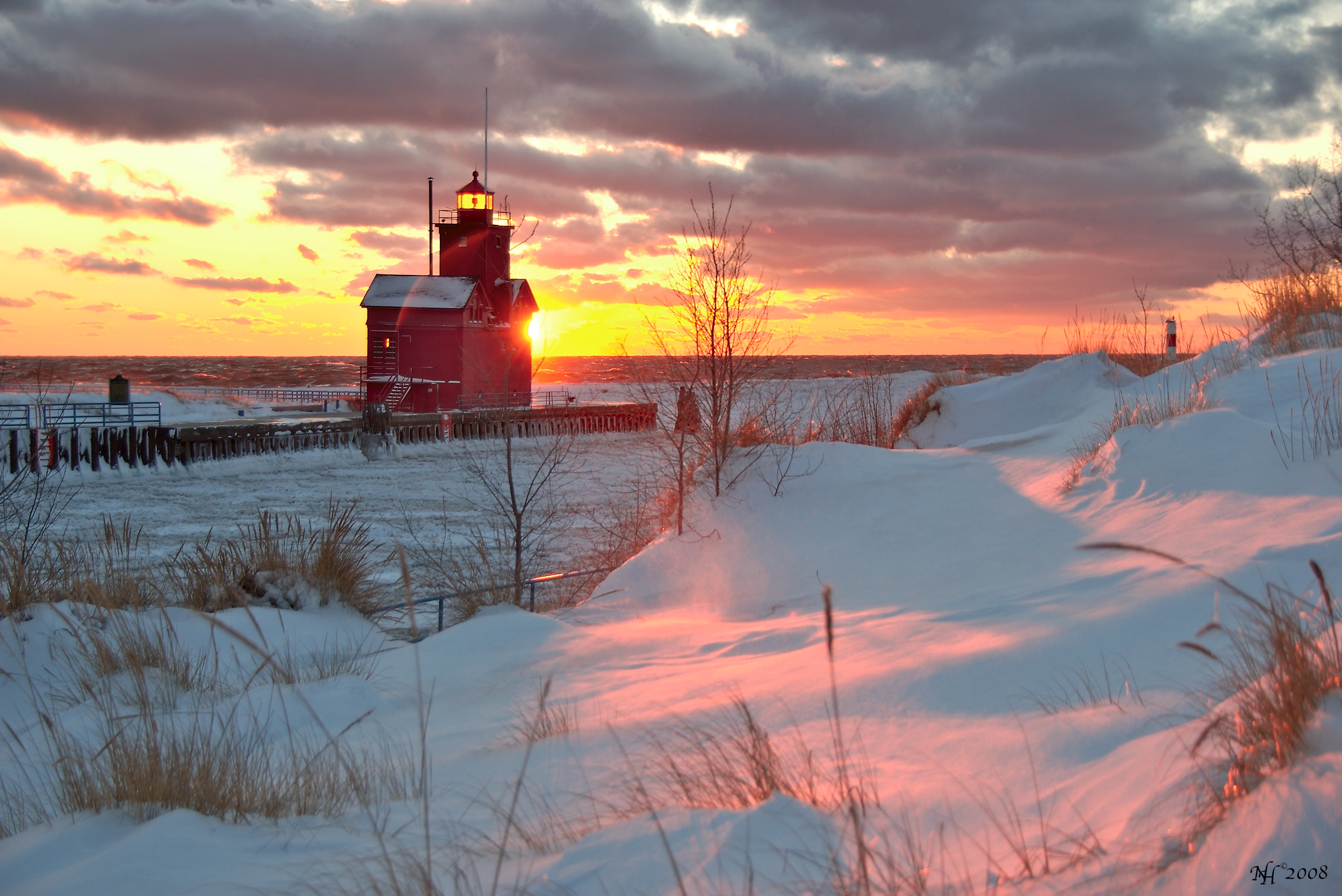 Yellow Sunset Near Lighthouse Wallpapers