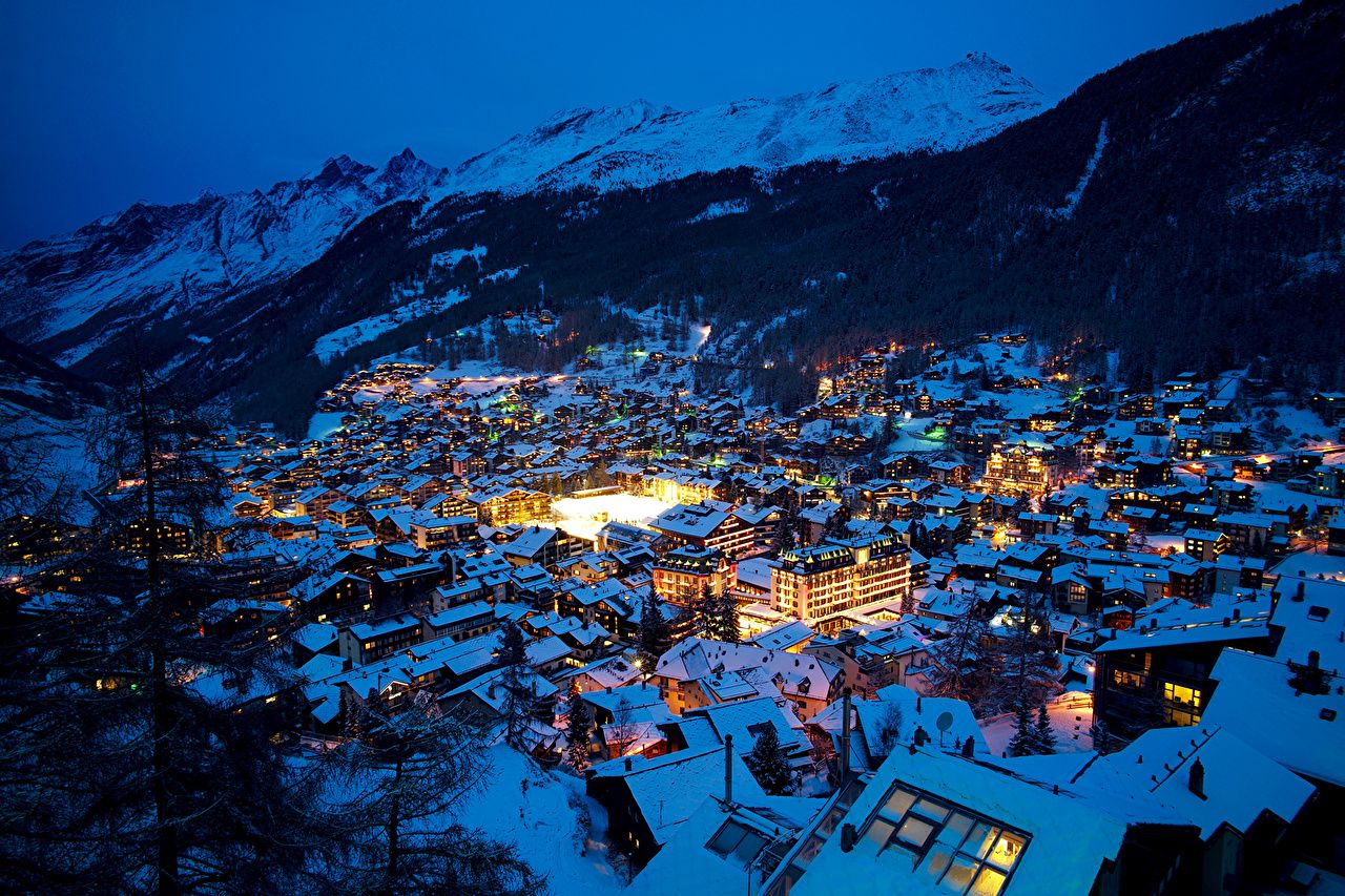 Zermatt-Matterhorn Aerial View At Night Wallpapers