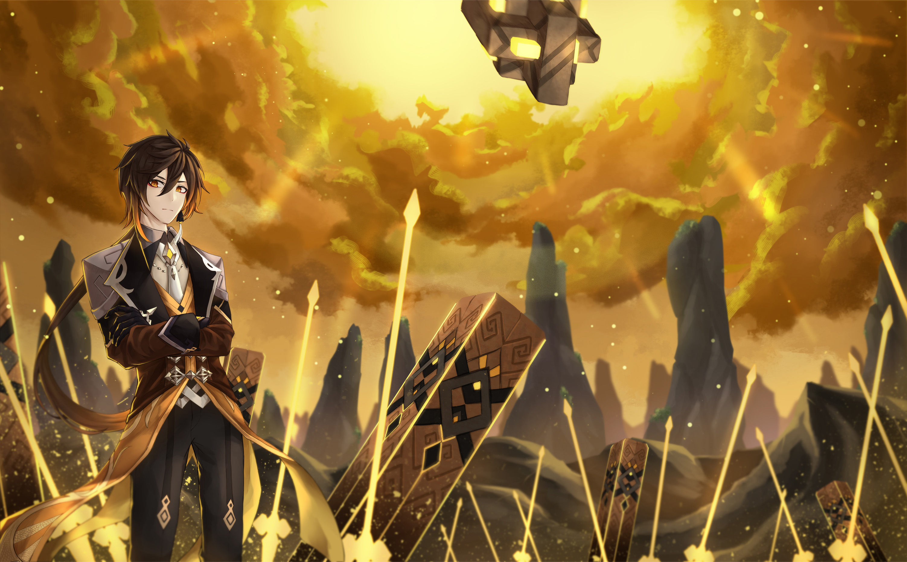 Zhongli In Fire Background Genshin Impact Wallpapers