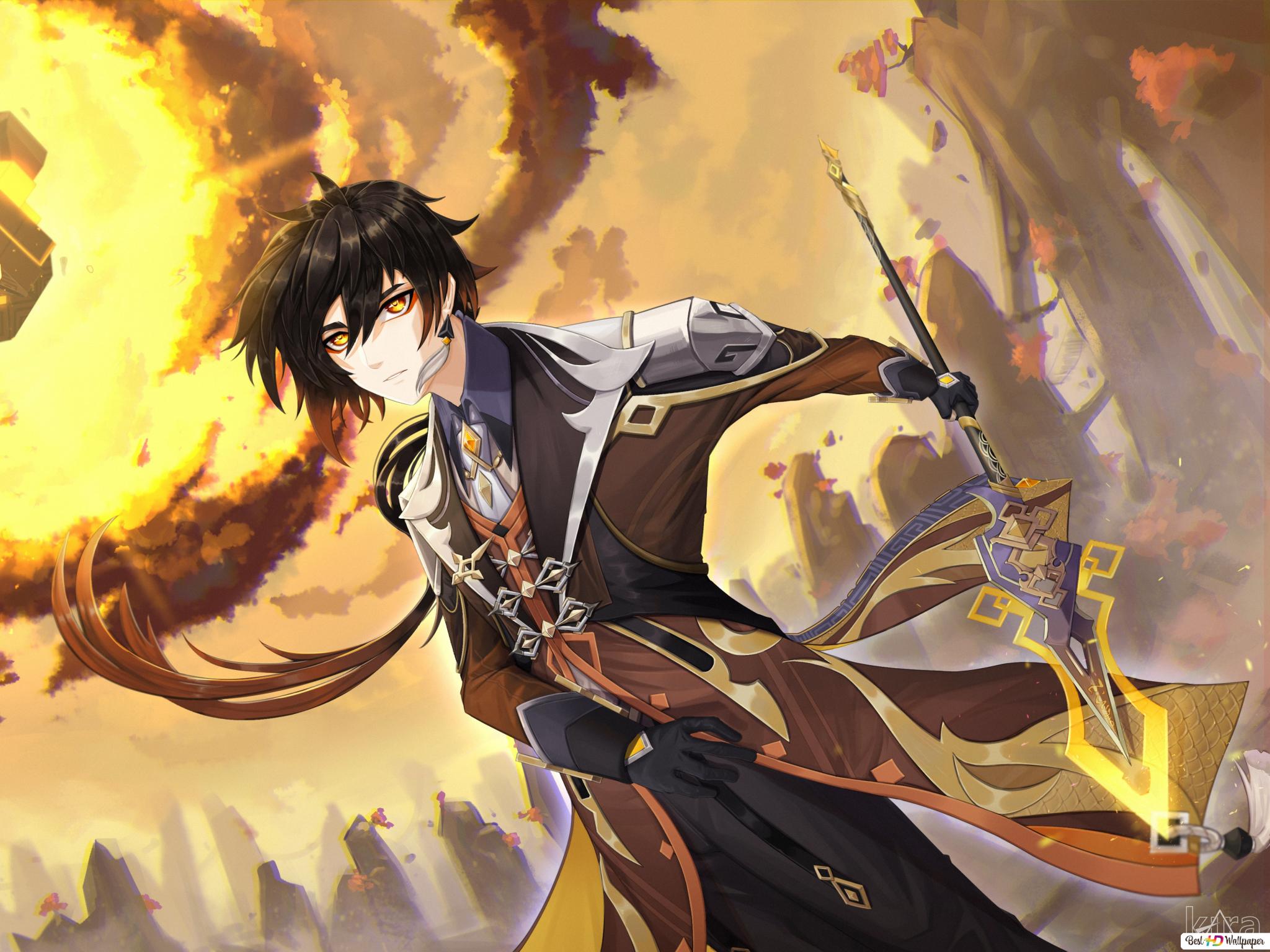 Zhongli In Fire Background Genshin Impact Wallpapers